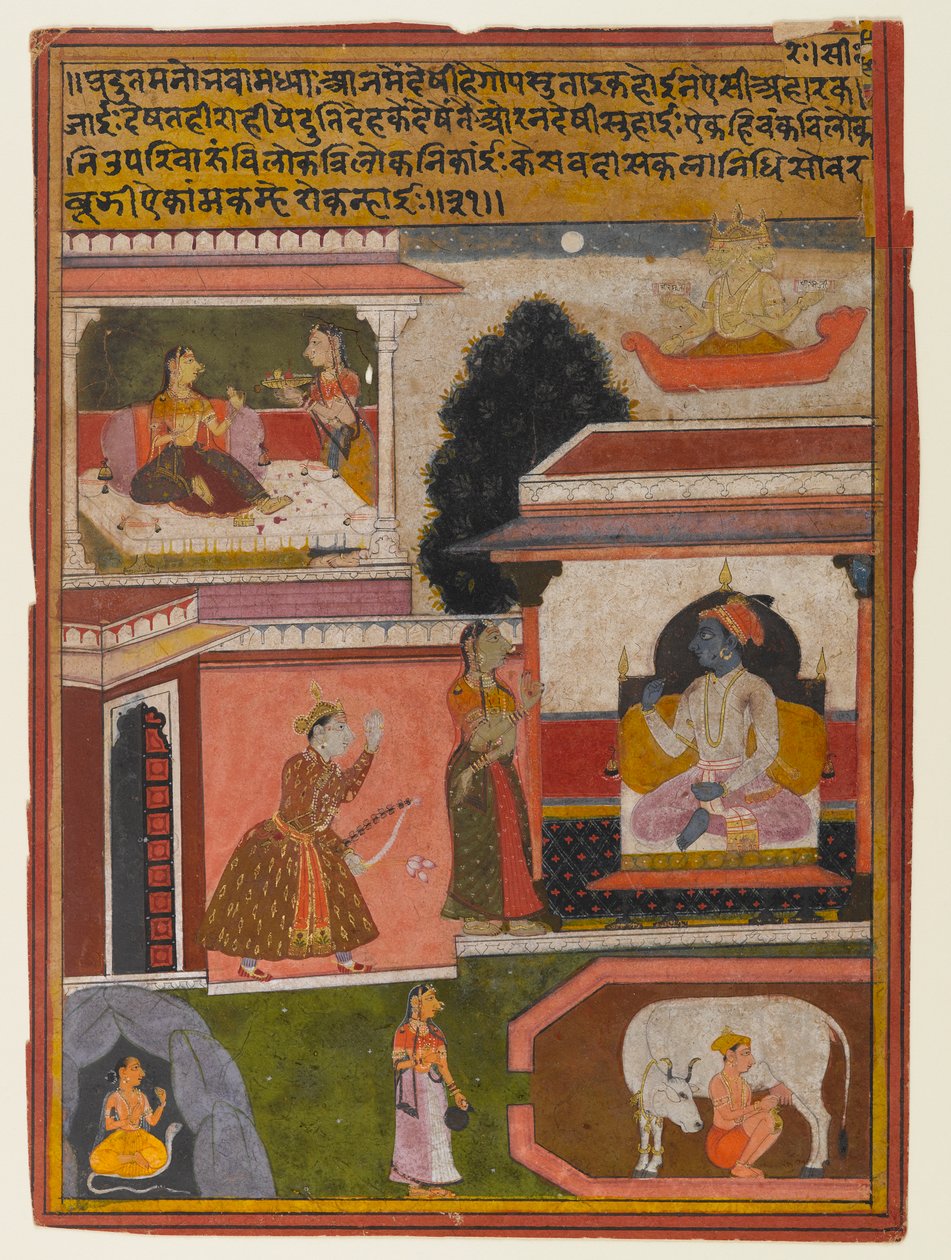 A heroína cujos desejos são aparentes, Page de uma série Rasikapriya, c.1660-1690 (wc opaca e ouro sobre papel) de Indian School