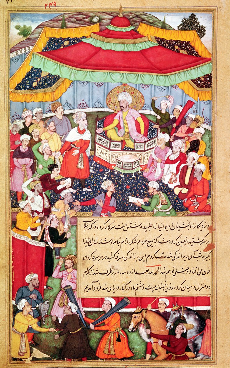 O rei em seu trono cercado por seus cortesãos, do Baburnama (Memórias de Babur) 1530 de Indian School