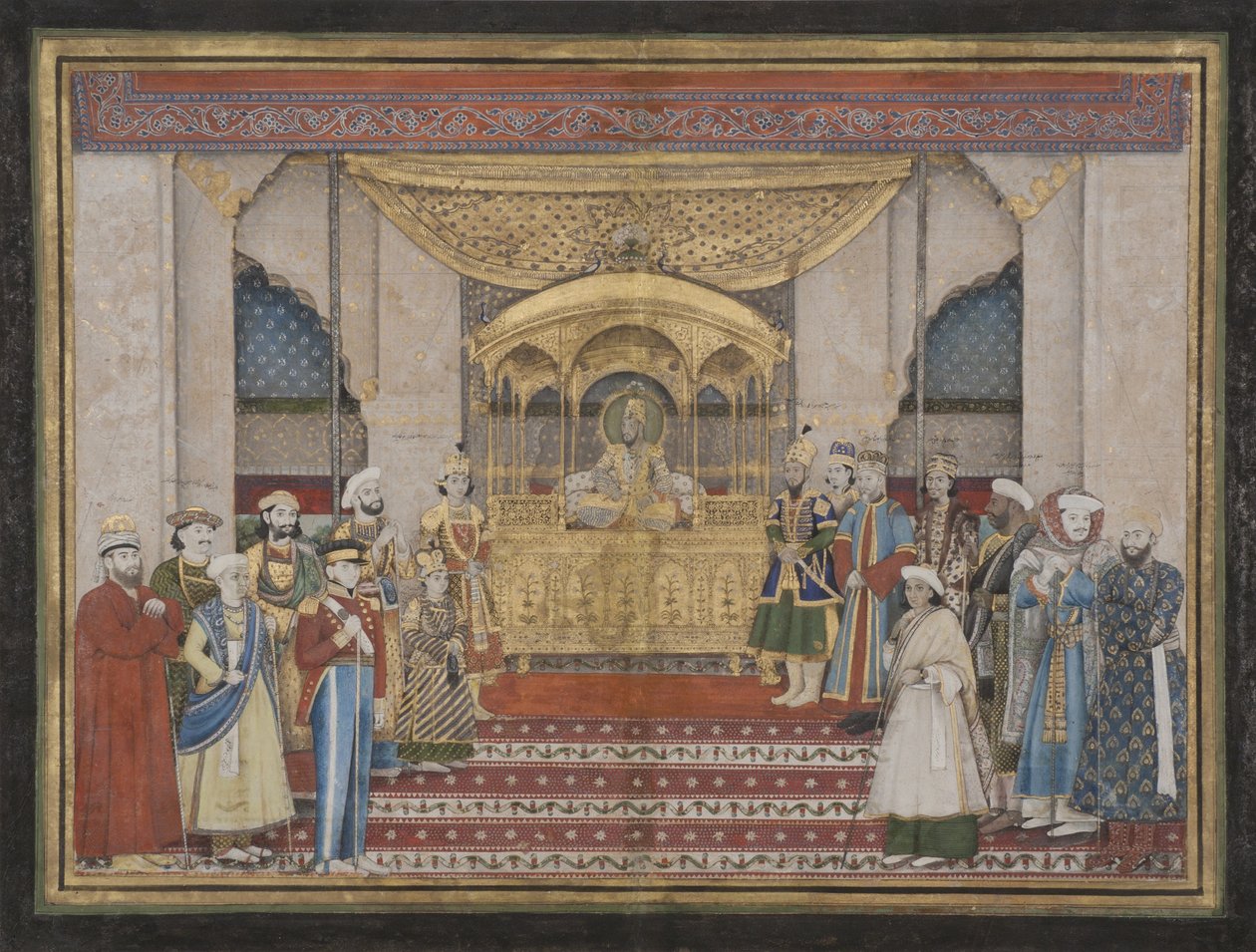 O Imperador Mogol Bahadur Xá II em Darbar, 1839 (wc opaco e ouro sobre papel) de Indian School