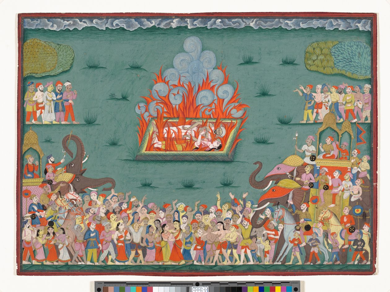 A Sati de Ramabai, esposa de Madhavrao Peshwa, c.1772-75 (aguarela e ouro sobre papel) de Indian School