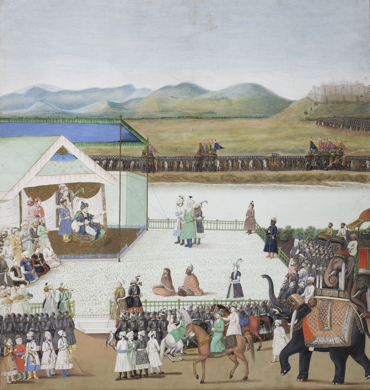 O sultão turco Bayazid trouxe cativo antes de Timur, c.1850 (wc opaco e ouro no papel) de Indian School