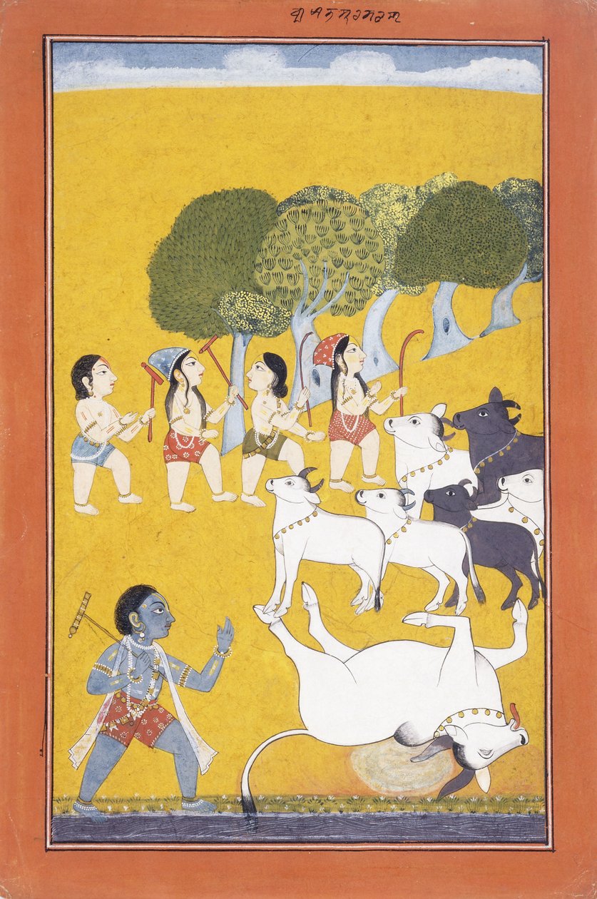 O jovem Krishna mata o demônio Vatsasura, que apareceu disfarçado de bezerro, c.1730-1740 de Indian School