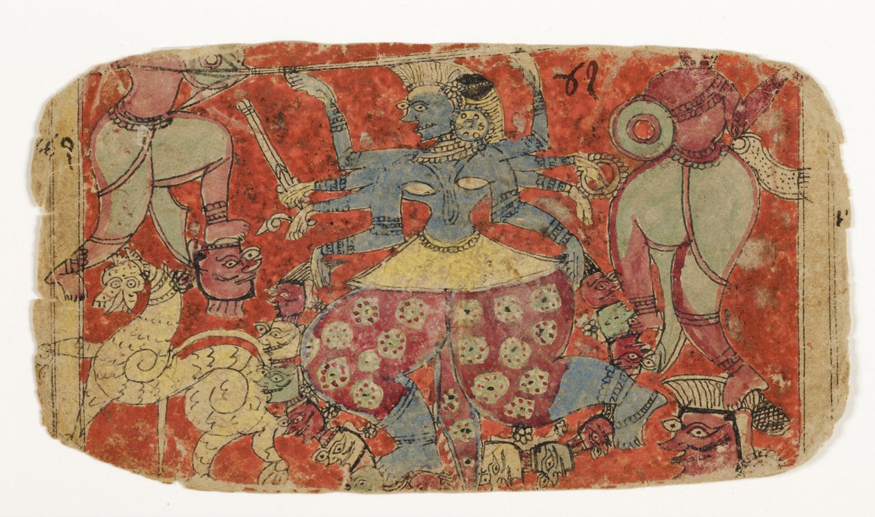 A deusa Kali luta contra demônios, de Durga atacando os demônios Shambha e Nishumbha (wc opaco no papel) de Indian School