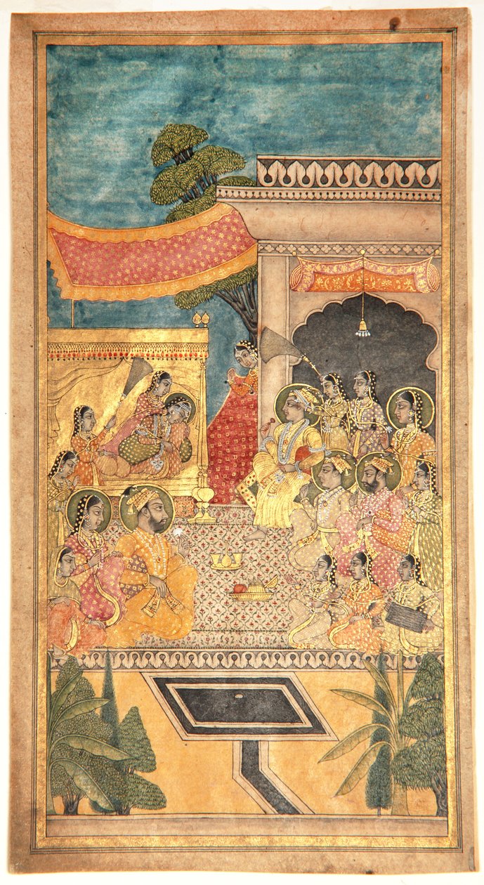 O casamento de Tana Shah na cerimônia de Jalwa, 1679 (wc opaca e ouro no papel) de Indian School