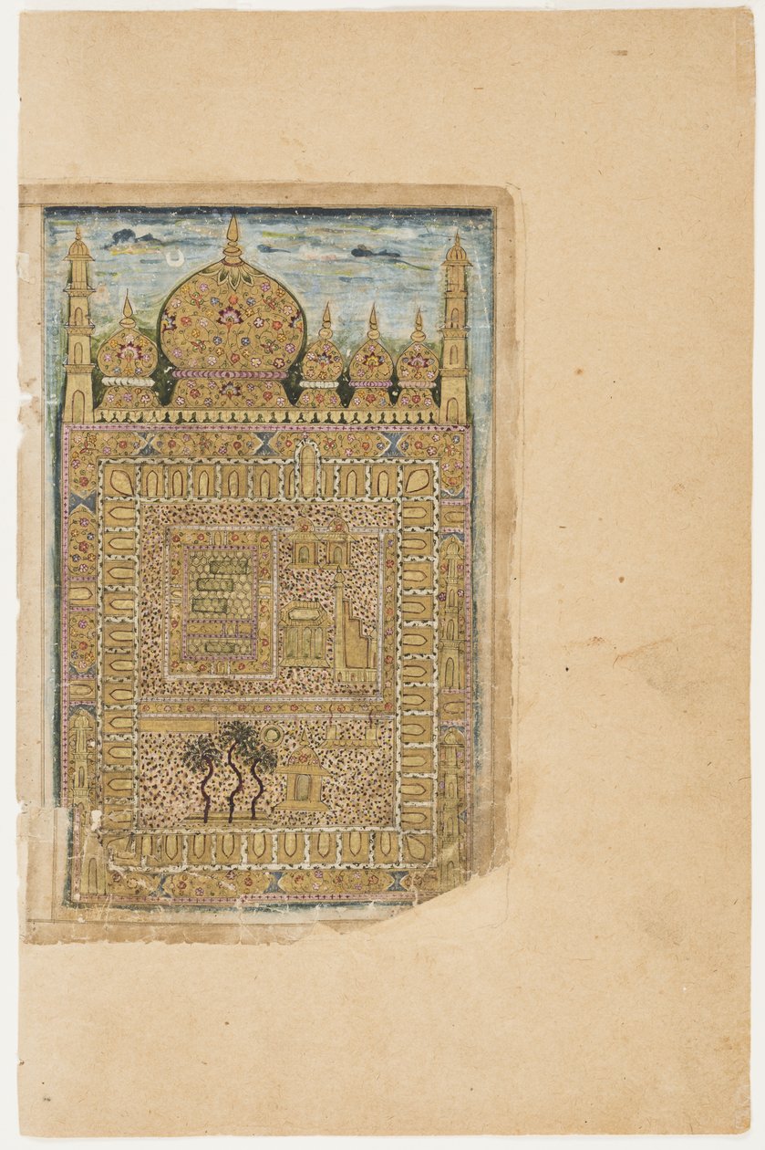 A tumba do Profeta em Medina, de Dala&39;il al-Khayrat (Coleção de Orações para o Profeta Muhammad), c.1660 (aquarela opaca e ouro sobre papel) (frente de 3702788) de Indian School