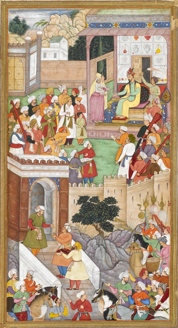 O jovem Akbar apresentado a Humayun (imperador mogol da Índia) em Cabul de Indian School