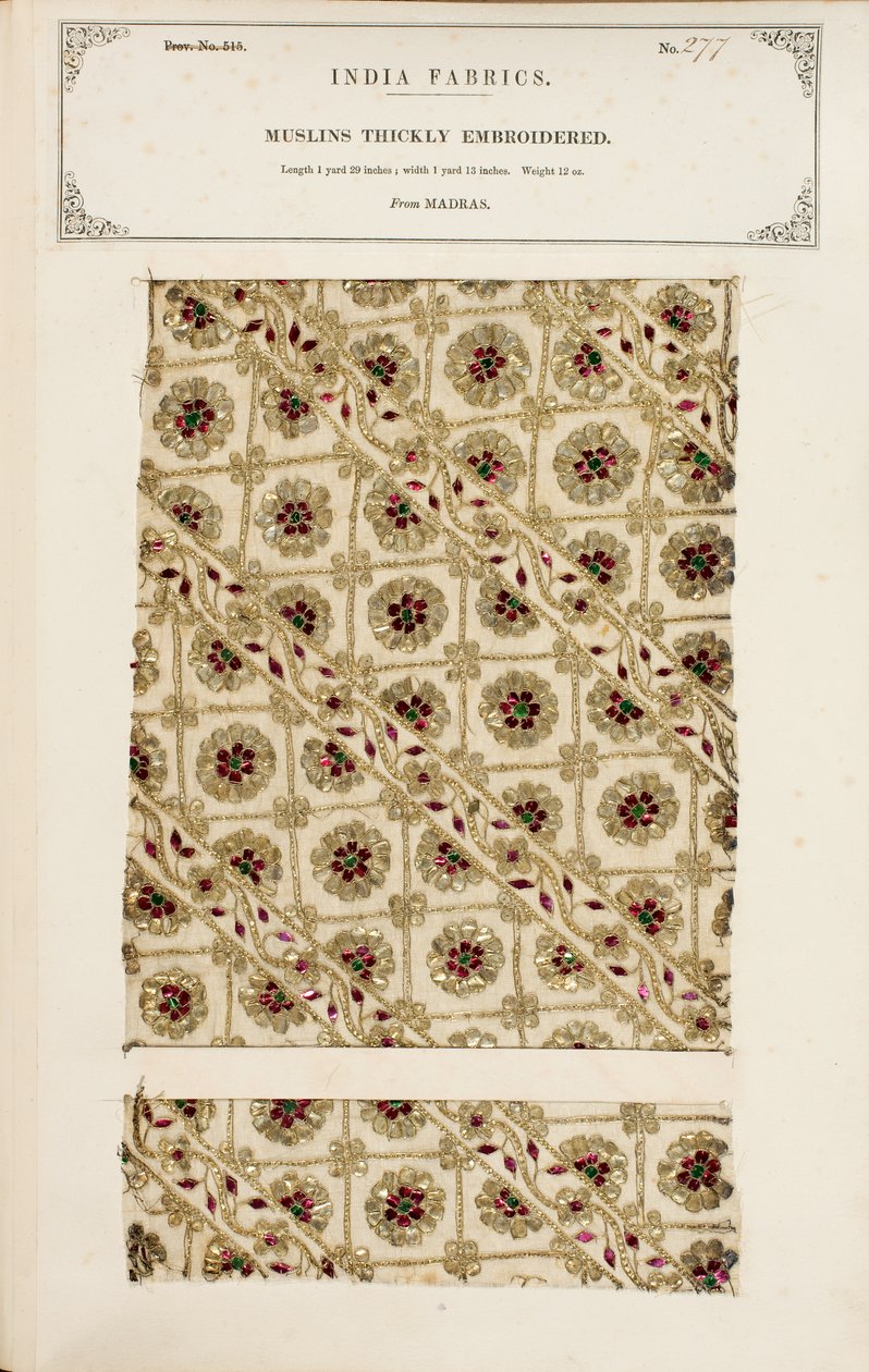 Amostra de musselina grossa e bordada de Madras, da Coleção de Fabricantes Têxteis da Índia, de John Forbes Watson, publicada em 1866 de Indian School