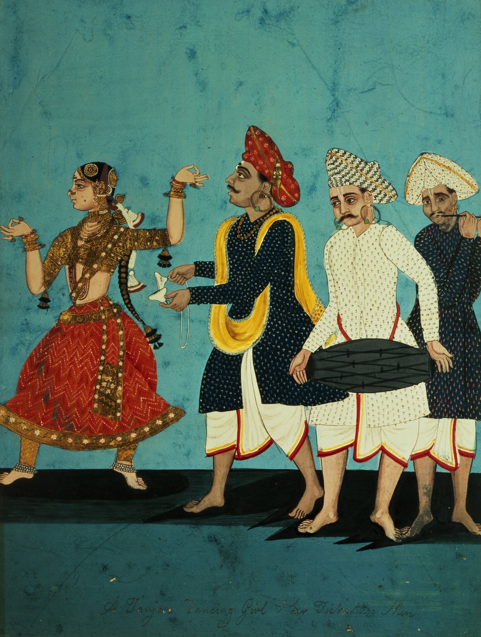 Três músicos e uma dançarina, Tanjore, Tamil Nadu, c.1850 de Indian School