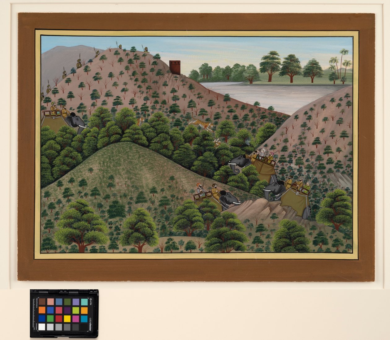 Caça ao tigre com um rio ao fundo, c.1880 (aquarela opaca sobre papel) de Indian School