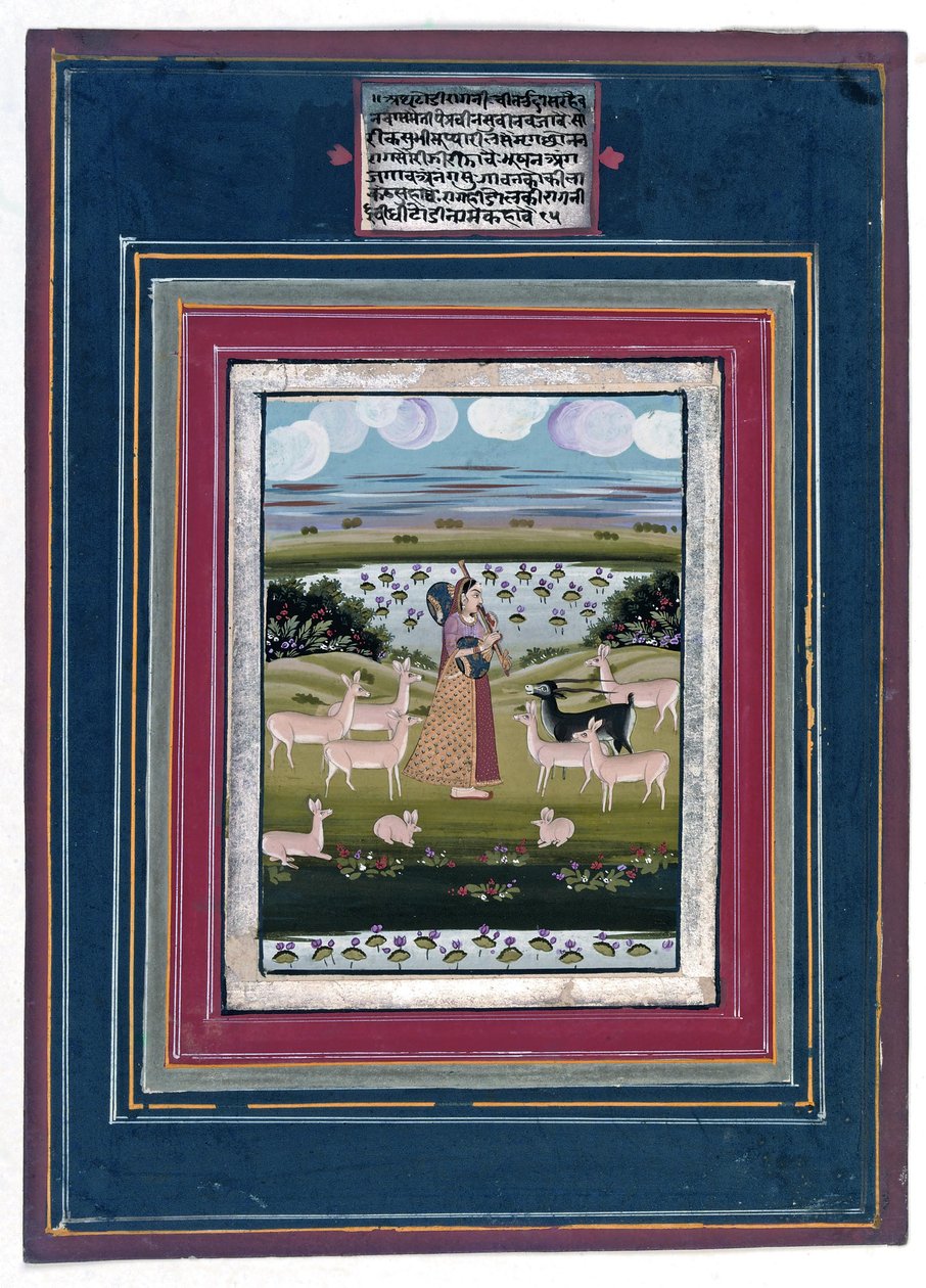 Todi ragini - Uma senhora jogando uma vina em uma paisagem com animais, 1810-20 de Indian School