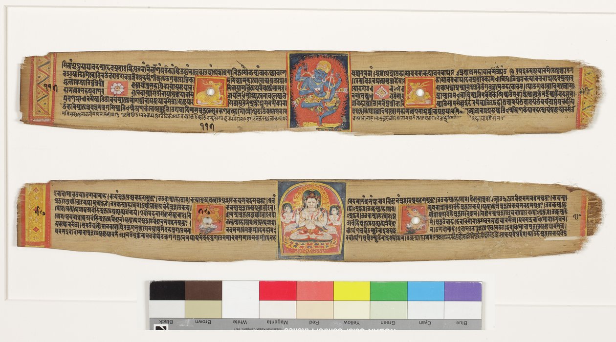 Acima: Dancing Heruka; Abaixo: Bodhisattva Sadaksari Avalokitesvara e Atendentes, c.1150-1200 (wc & tinta opaca na folha de palmeira) de Indian School