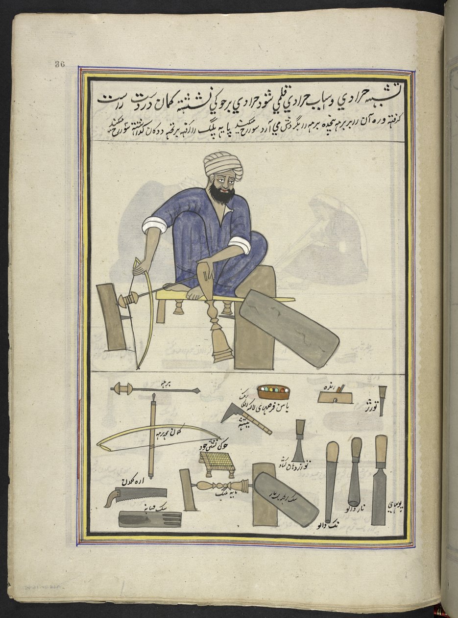 Torneiro,  86 desenhos encadernados em um volume representando ofícios e ocupações na Caxemira, artesãos são mostrados trabalhando com seus implementos e equipamentos,  Por um artista da Caxemira, provavelmente em Srinagar, c.1850-60 (guache sobre papel) de Indian School