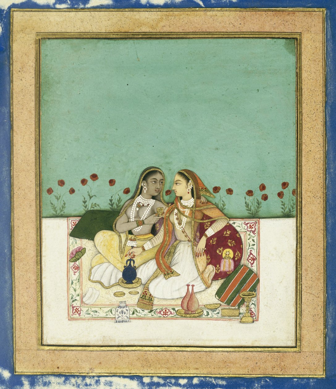 Duas mulheres em um terraço, depois de 1700 (wc opaco e ouro no papel) de Indian School