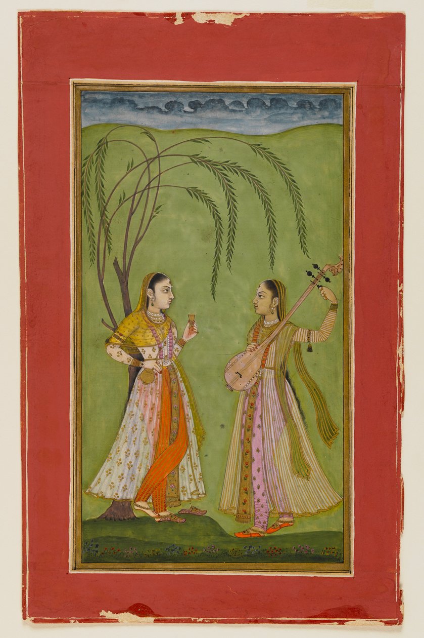 Duas senhoras em uma paisagem, c.1725 (wc opaca no papel) de Indian School