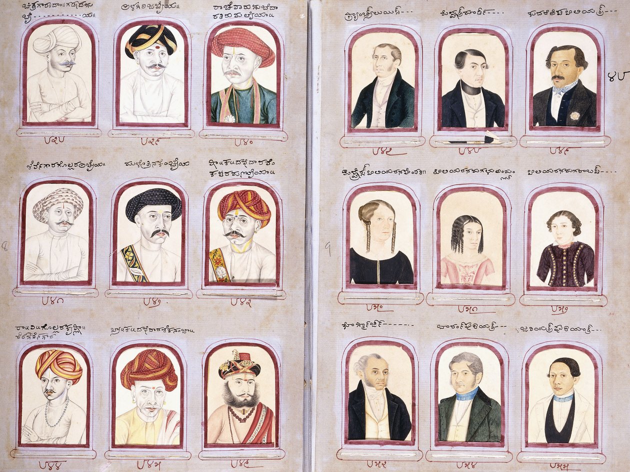 Duas folhas de um álbum de retratos nativos e europeus, c.1830-1850 de Indian School