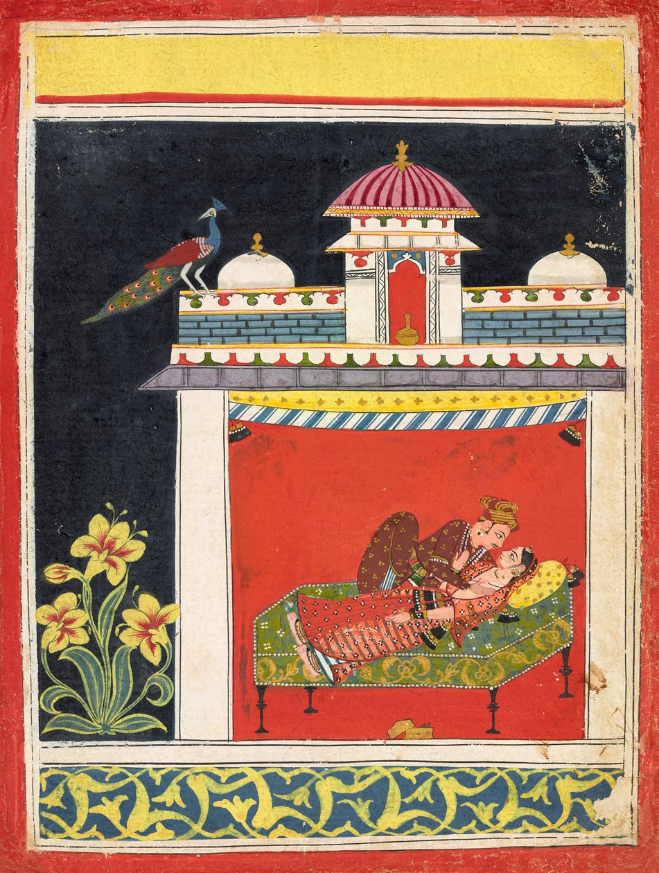 Dois amantes num pavilhão, de um "Amarushataka" (Cem poemas de Amaru), ou de uma série erótica não identificada, c.1680 (aguarela opaca e ouro sobre papel) de Indian School