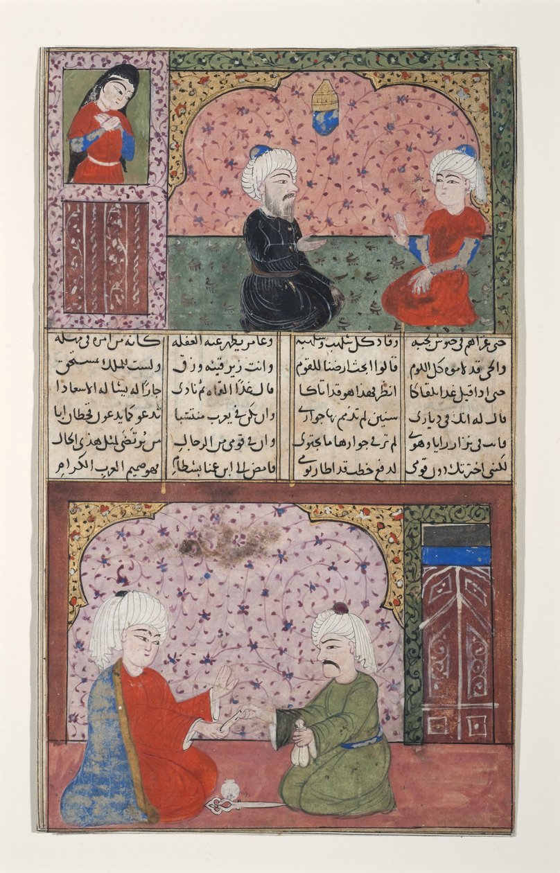 Dois homens em um quarto com paredes decoradas (wc opaco e ouro no papel) de Indian School