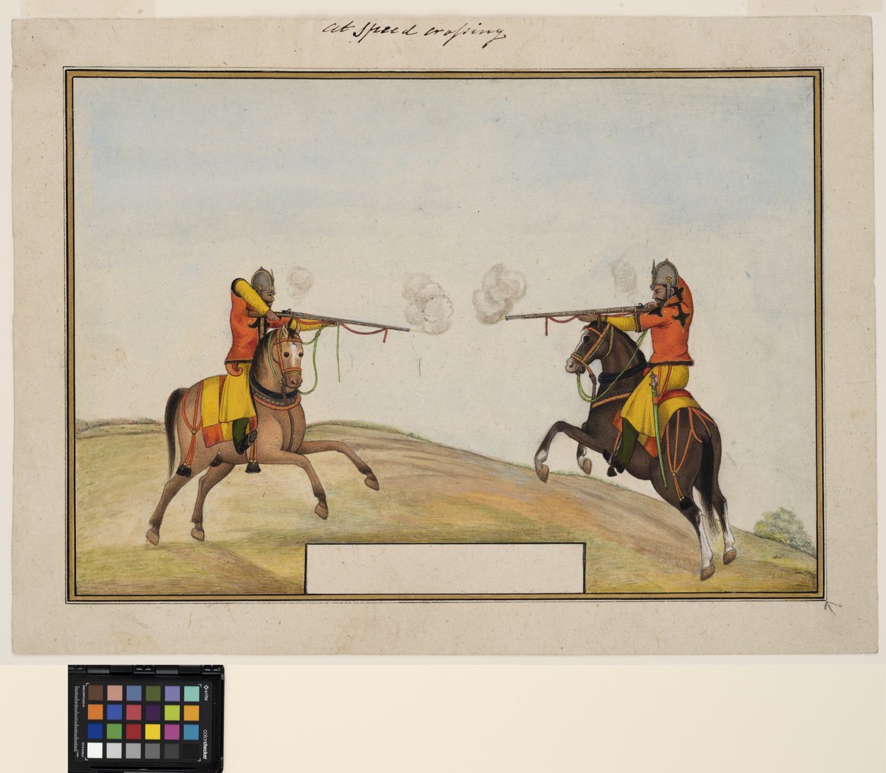 Dois soldados montados trocando tiros de rifle, c.1830 (aquarela opaca e ouro sobre papel) de Indian School