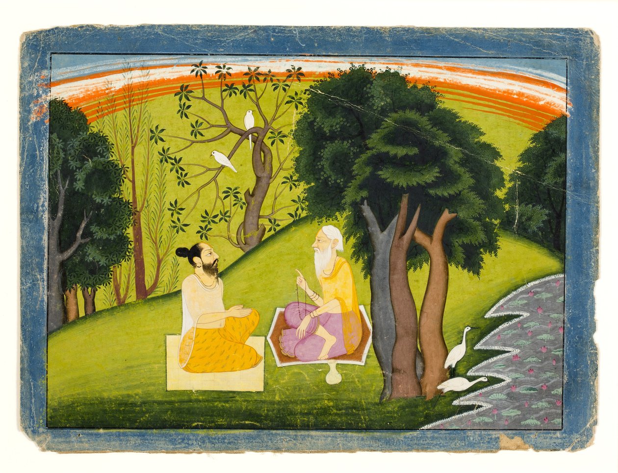 Dois sábios em discussão em uma paisagem, c.1785 (wc opaca e ouro no papel) de Indian School
