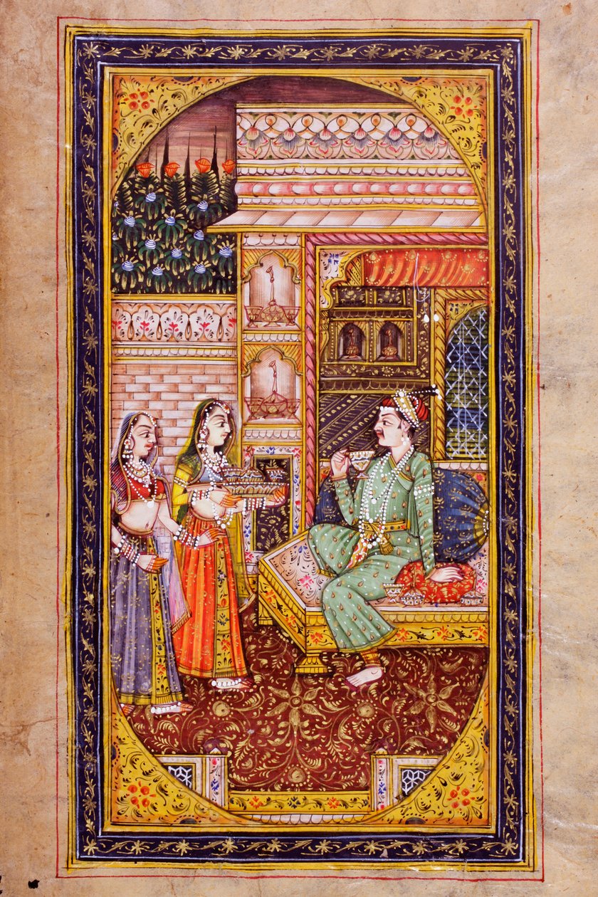 Duas criadas servem de refresco a um homem nobre em um quarto ricamente decorado, pintura em miniatura de Rajasthani de Indian School