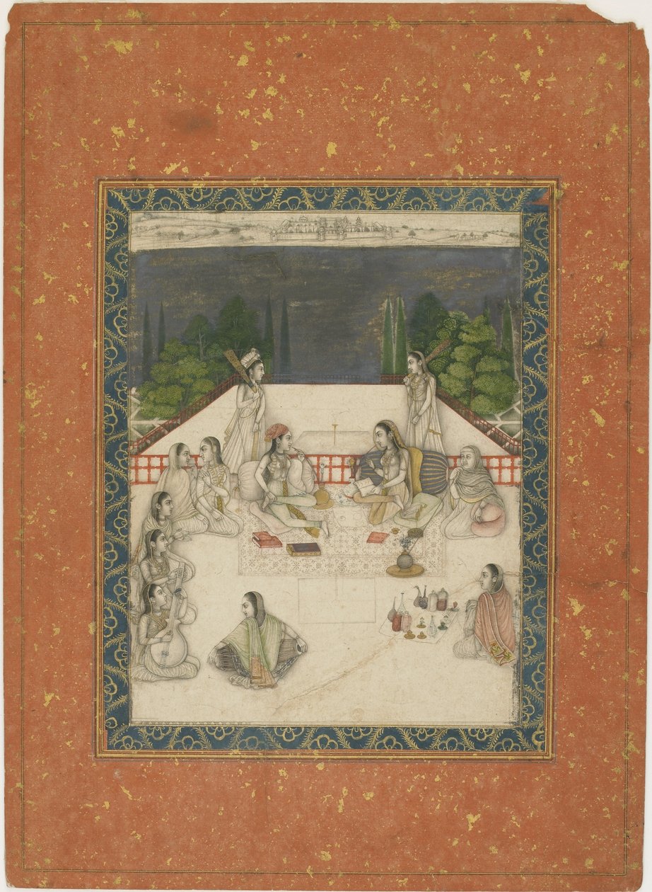 Duas mulheres sentadas em um terraço, cercadas por atendentes e músicos, c.1650 (wc opaca e ouro sobre papel) de Indian School