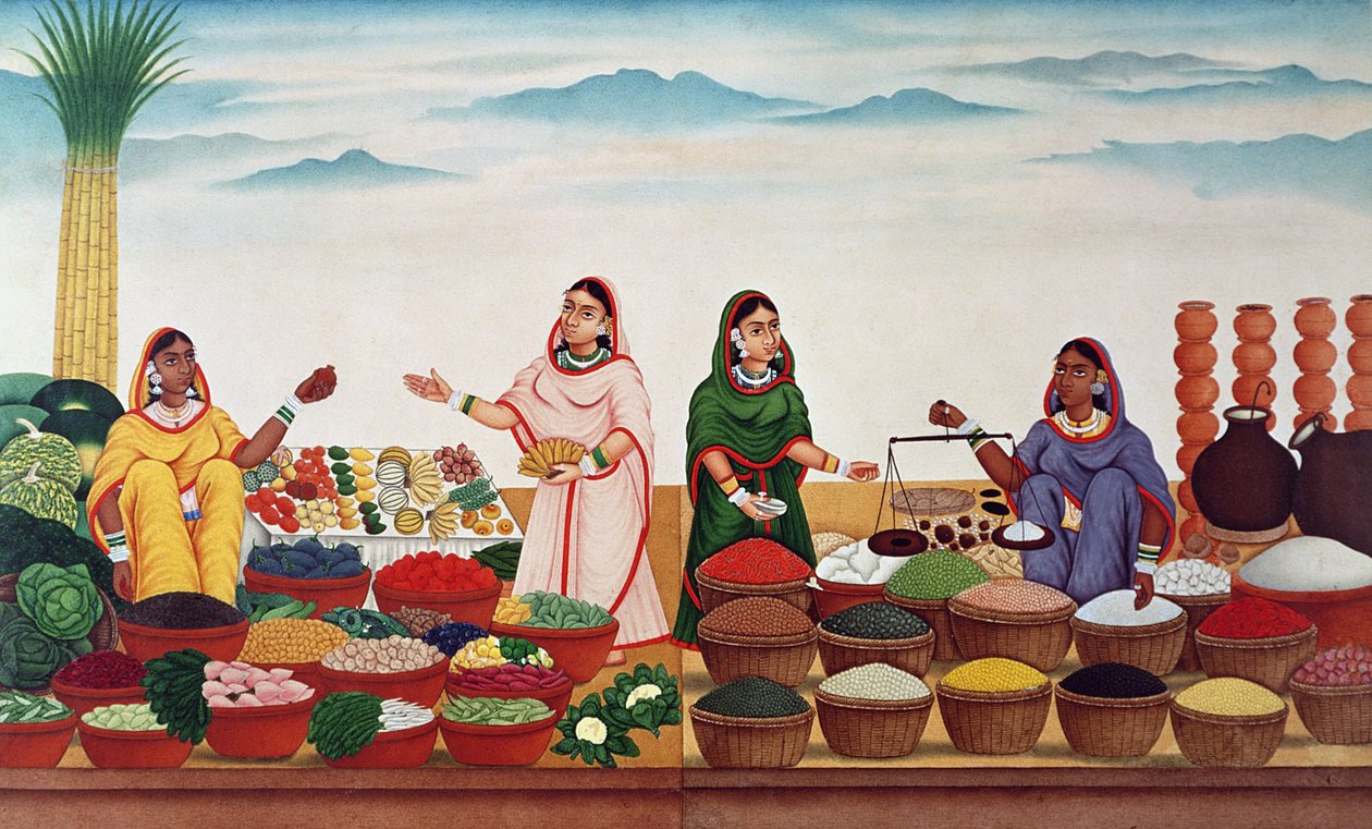 Mercado de vegetais e especiarias em Benares, c.1840 de Indian School