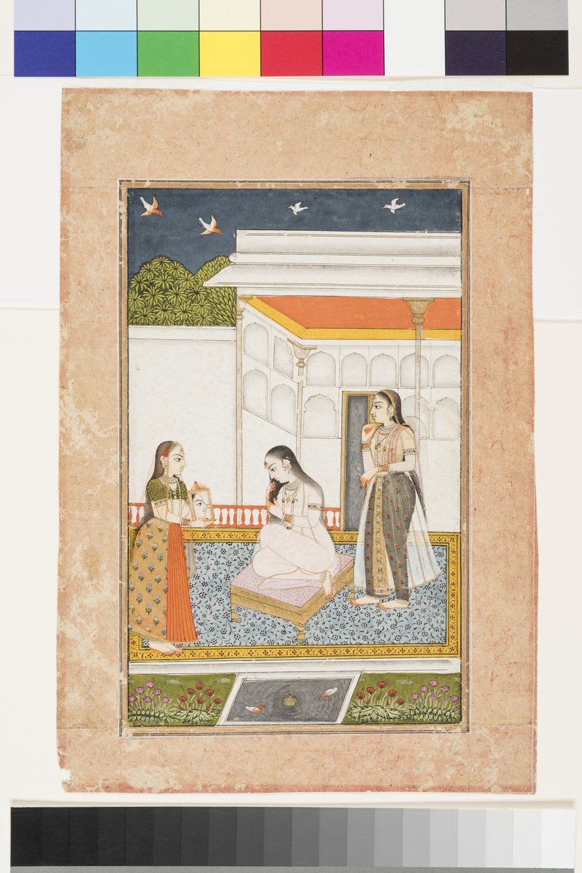 Vilaval Ragini de Hindol, c.1745 (aquarela opaca e ouro sobre papel, montado em página de álbum) de Indian School