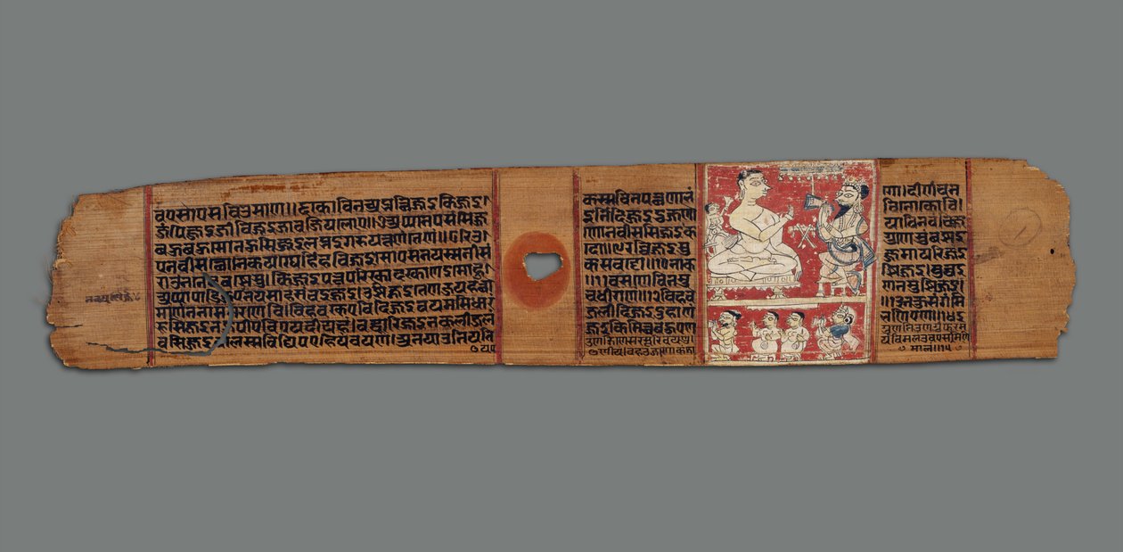 Vimalaprava conversa com Raji e Lakshmi, c.1300 (wc opaco na folha de palmeira) de Indian School