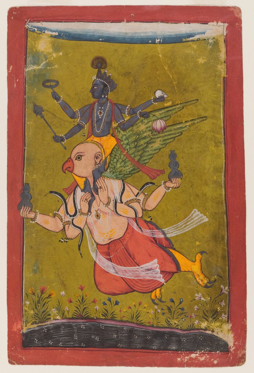 Vishnu na Garuda, c.1725 ou anterior (wc, prata e ouro no papel) de Indian School