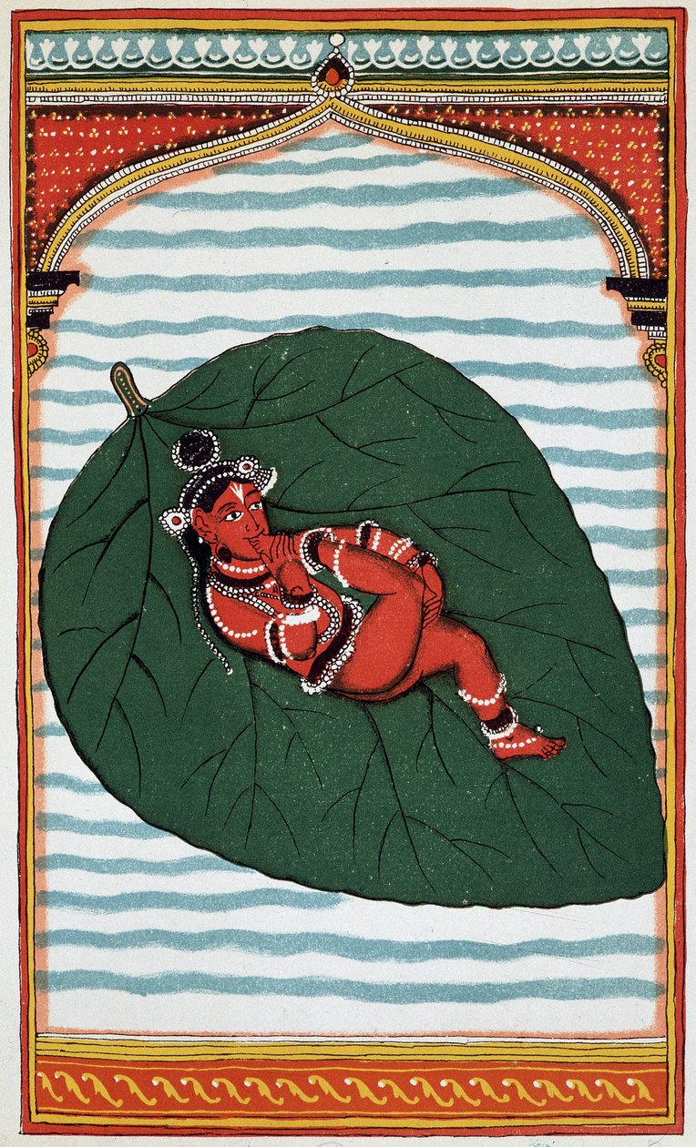 Vishnu ou Narayan: Segunda grande divindade da tríade Brahmanic, seu nascimento - litho do século XVIII. de Indian School
