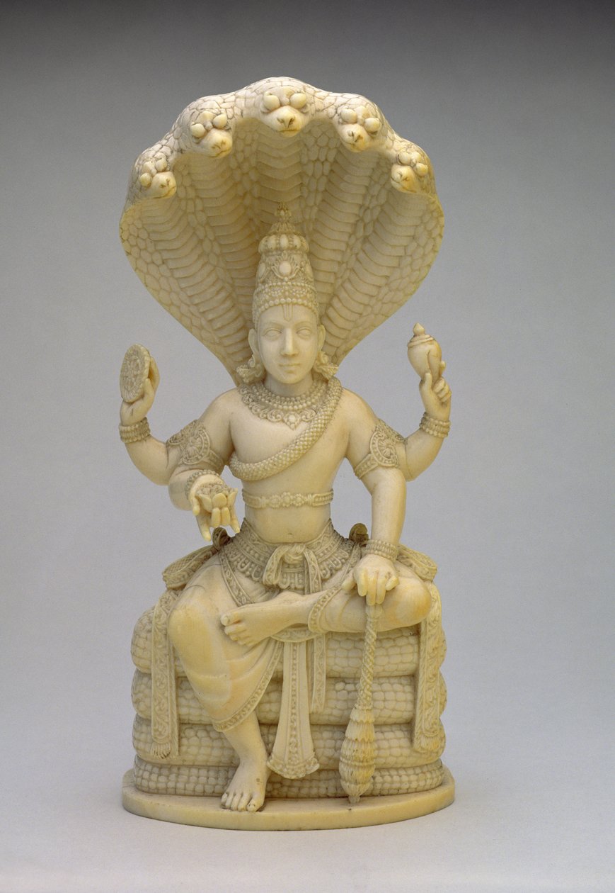 Vishnu, sentado na Serpente Sesha, segurando uma concha, maça, disco e lótus de Indian School