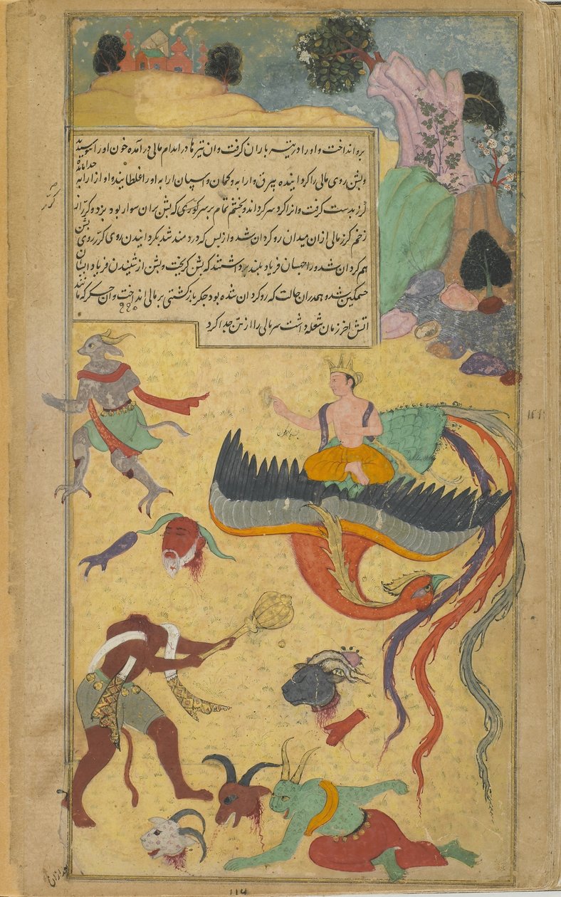Vol.2 fol.290 Enquanto Garuda se afasta em dor do campo de batalha, Visnu corta a cabeça de Malis com um disco (aquarela opaca, tinta e ouro no papel) de Indian School