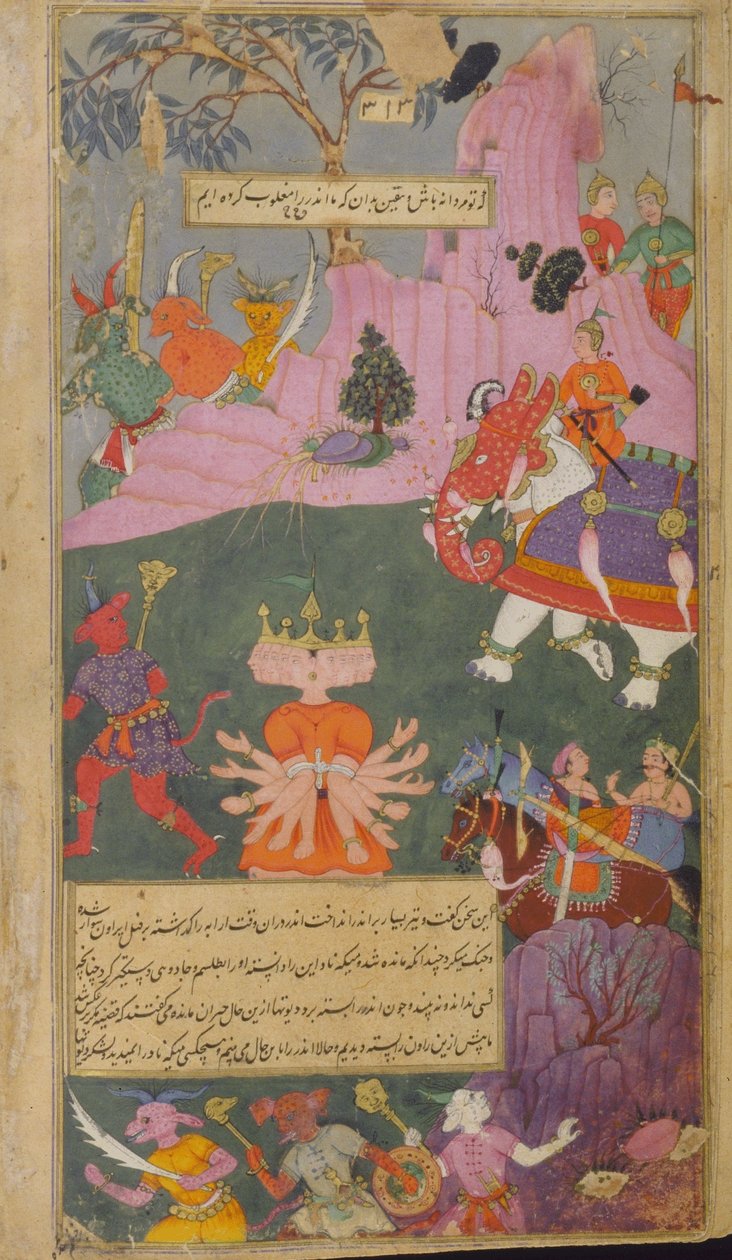 Vol.2 fol.310 O exército de raksasa foge à vista de Ravana capturado por Indra (aquarela opaca, tinta e ouro no papel) de Indian School