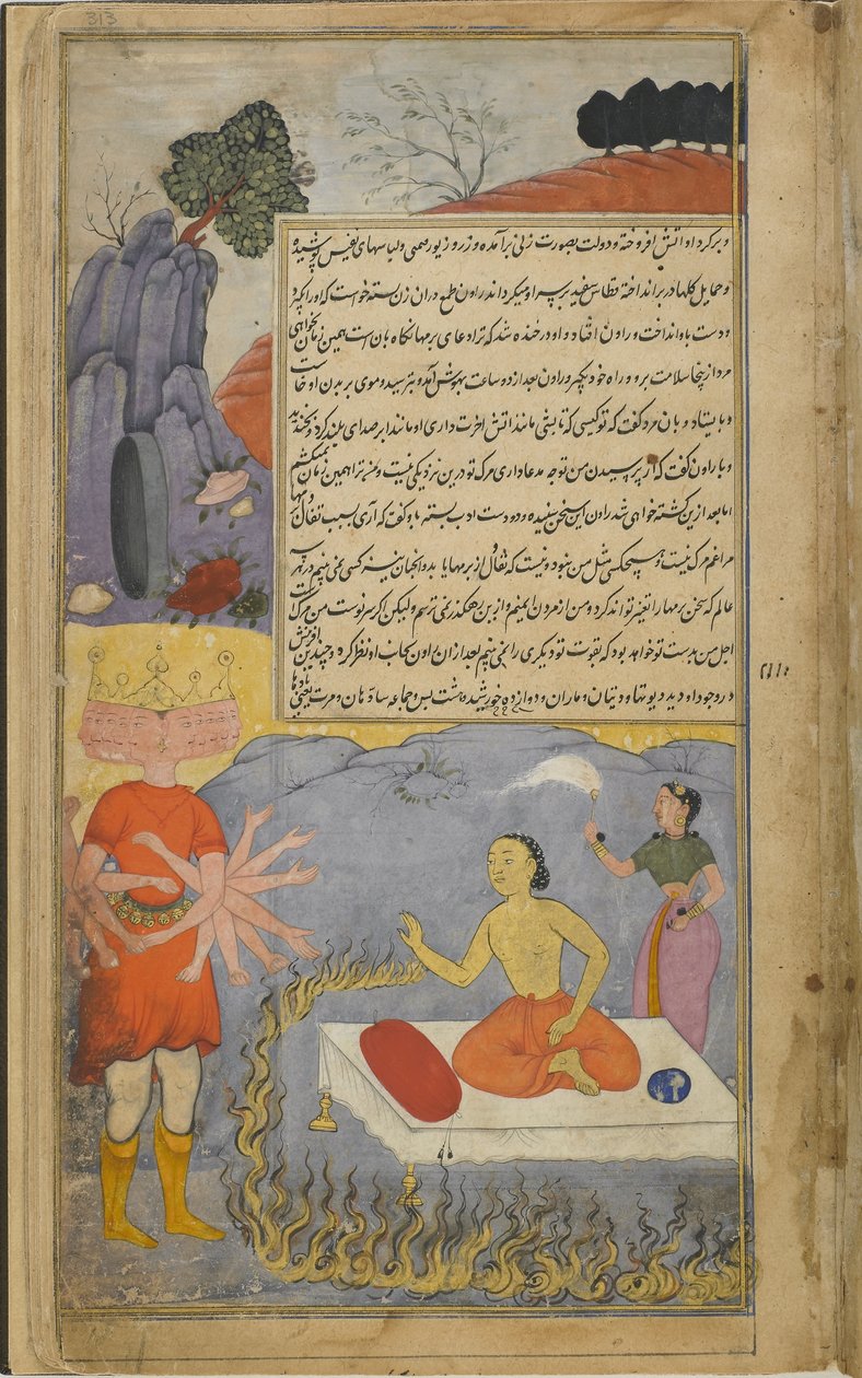 Vol.2 fol.313 Ravana conversa com Mahajambunada, que é cercada por um anel de fogo e assistida por Lakshmi (aquarela opaca, tinta e ouro no papel) de Indian School