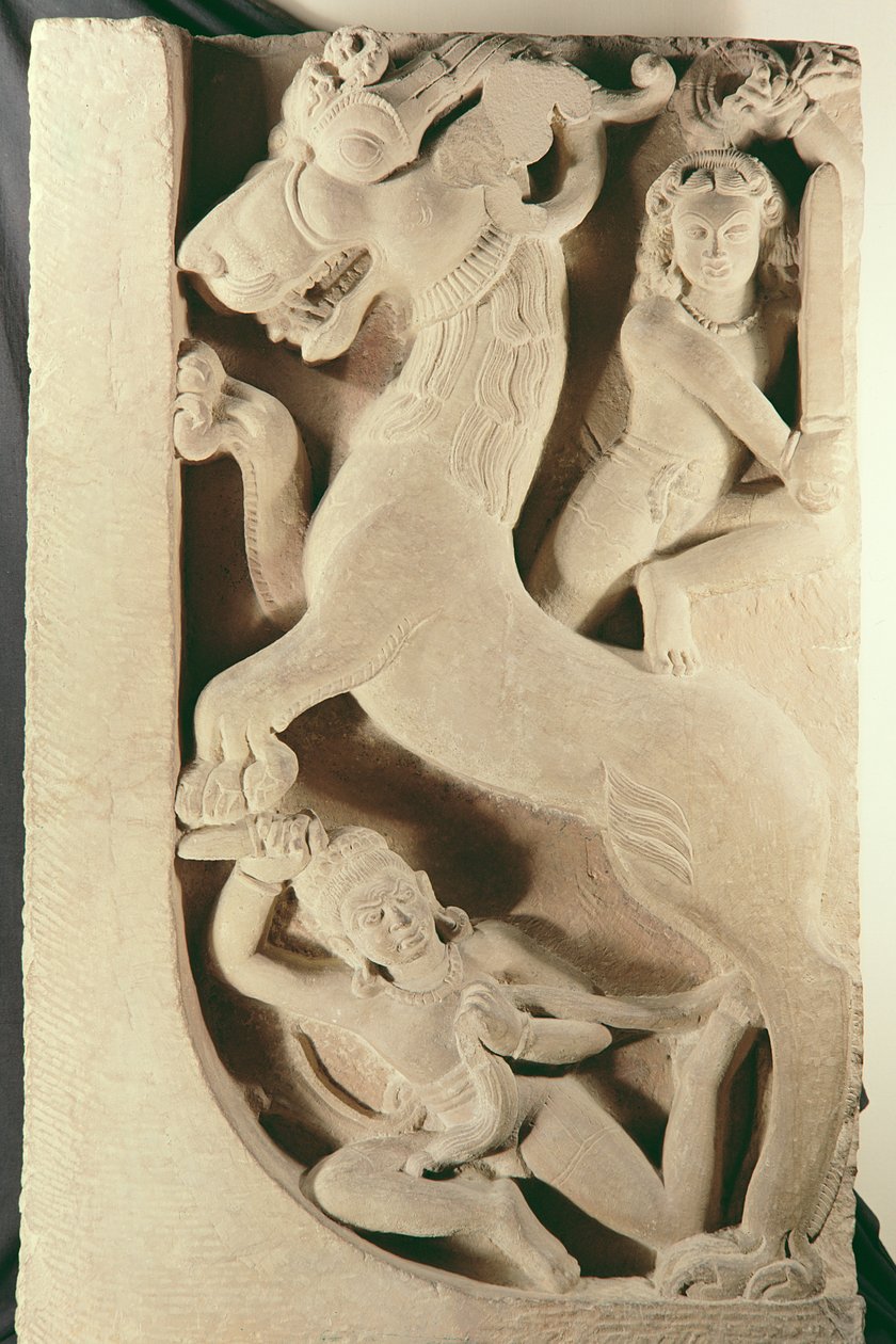 Guerreiros lutando contra um leão-grifo de Indian School