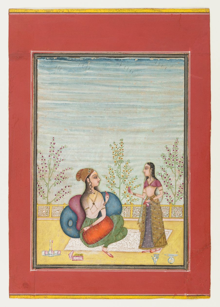 Mulher e atendente, c.1700-10 (wc opaca e ouro sobre papel) de Indian School