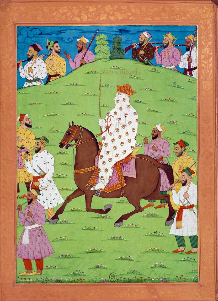 Mulher ao serviço da rainha viajando para a corte do Shah Alem miniaturas indiana e persa em "História da Índia de Tamertante a Orangreyb" de Niccolo Manucci (1638-1717). B.N., Paris. de Indian School