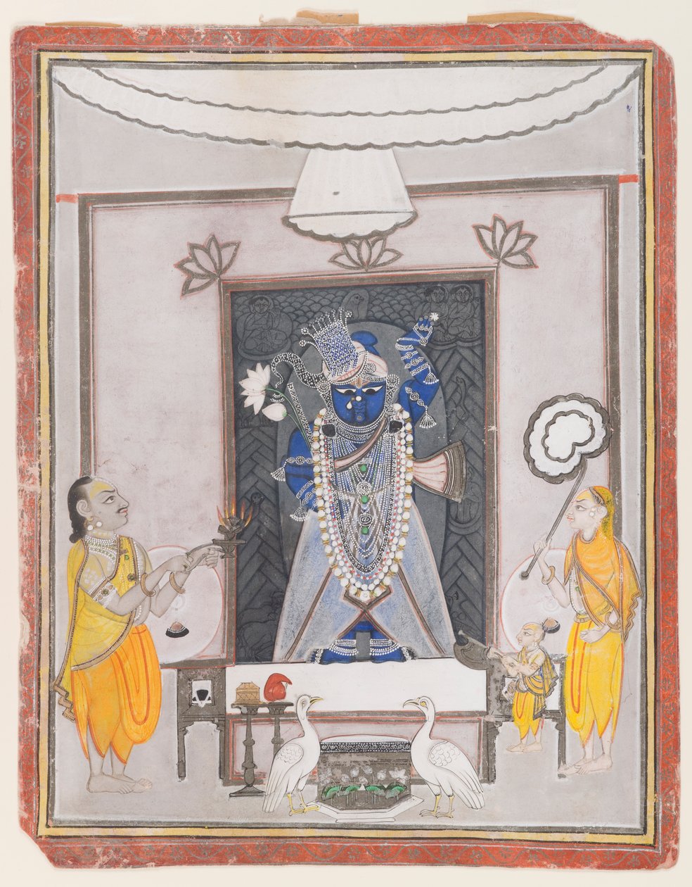 Adoração de Shrinathaji (wc opaca, ouro e prata no papel) de Indian School