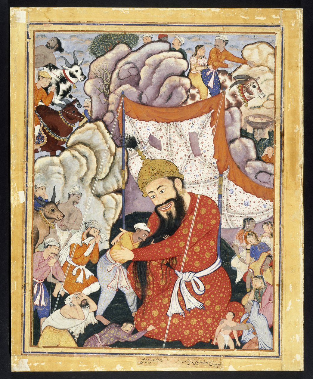 Zumurrud Shah Leva Refúgio nas Montanhas, ca. 1570 (aquarela opaca e ouro em tecido de algodão) de Indian School
