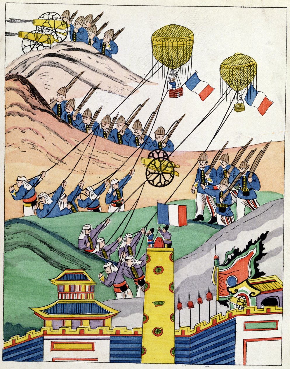 Cartaz mostrando as tropas francesas usando balões capturados no momento da conquista de Tonkin, 1884 de Indo Chinese School