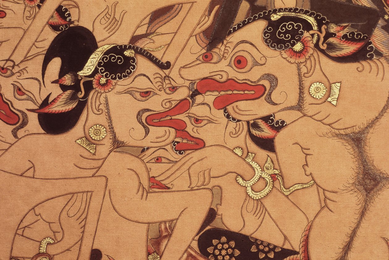 Detalhe de um pergaminho Wayang Beber (aguarela sobre papel) de Indonesian Indonesian