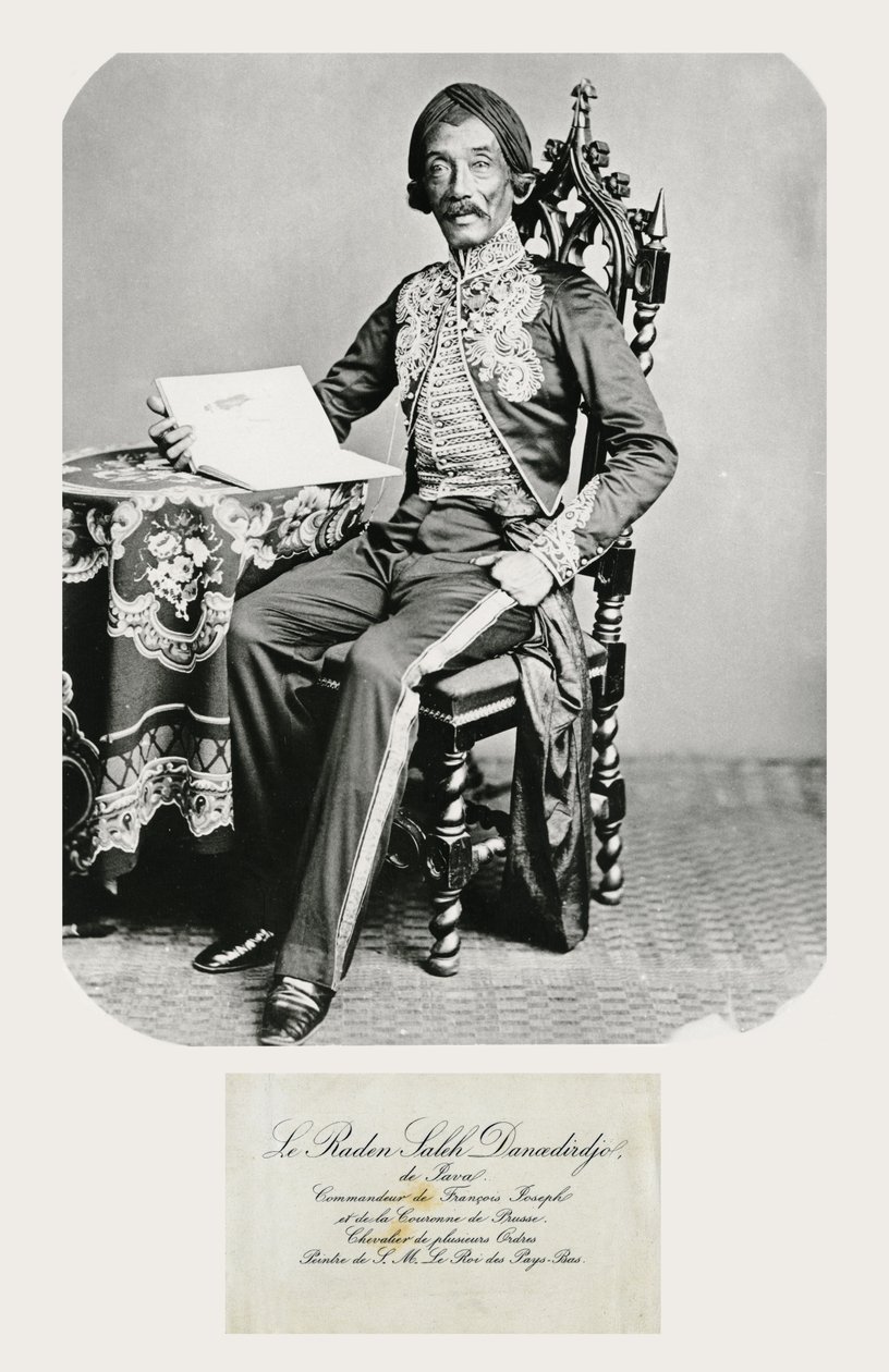 Retrato de Raden Saleh e seu cartão telefônico, c.1850-70 (bw foto e gravura) de Indonesian School