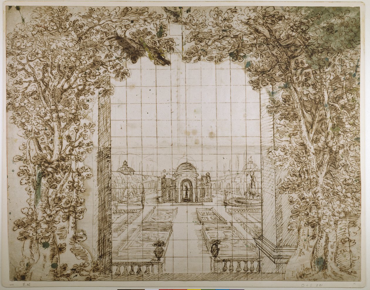 Um jardim e uma vila principesca (caneta e tinta sobre papel) de Inigo Jones