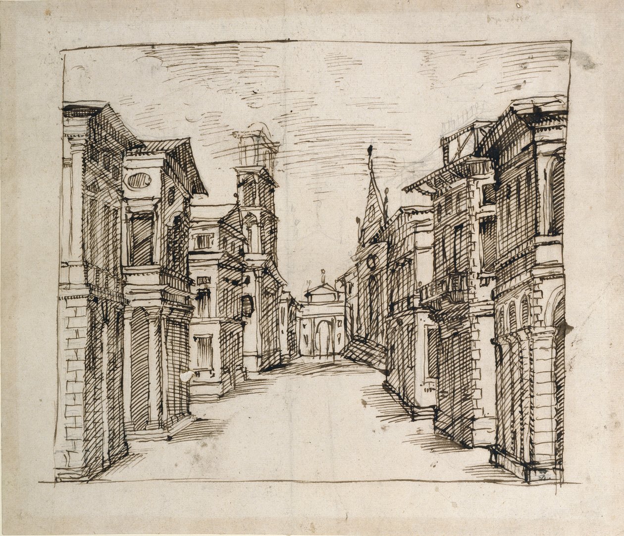 Uma rua em perspectiva, c.1617 (caneta e tinta sobre papel) de Inigo Jones