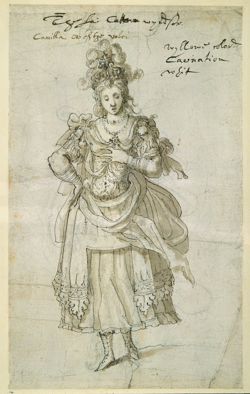 Camilla, c.1609 (caneta e tinta sobre papel) de Inigo Jones