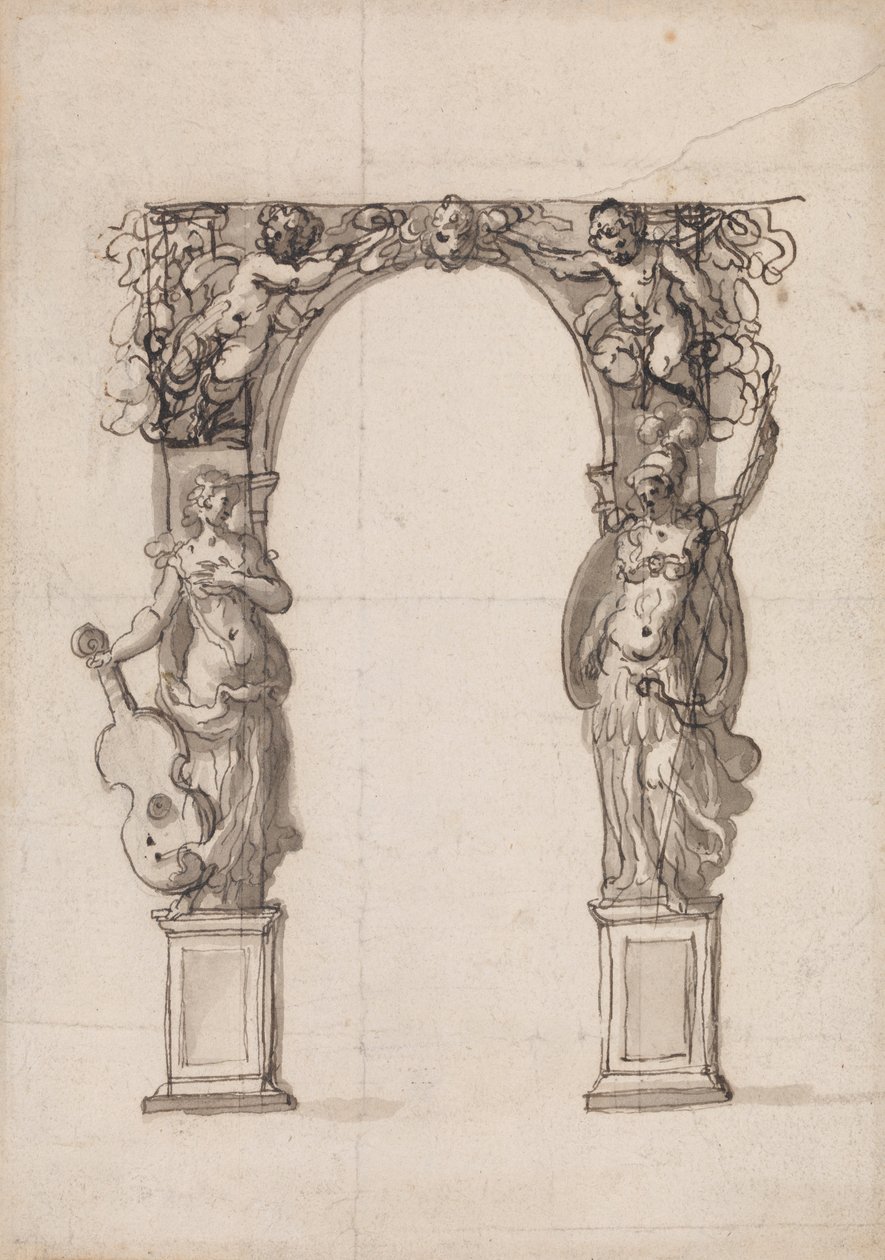 Design para um Arco Temporário Ornamentado com Putti e Figuras Alegóricas de Música e Guerra de Inigo Jones