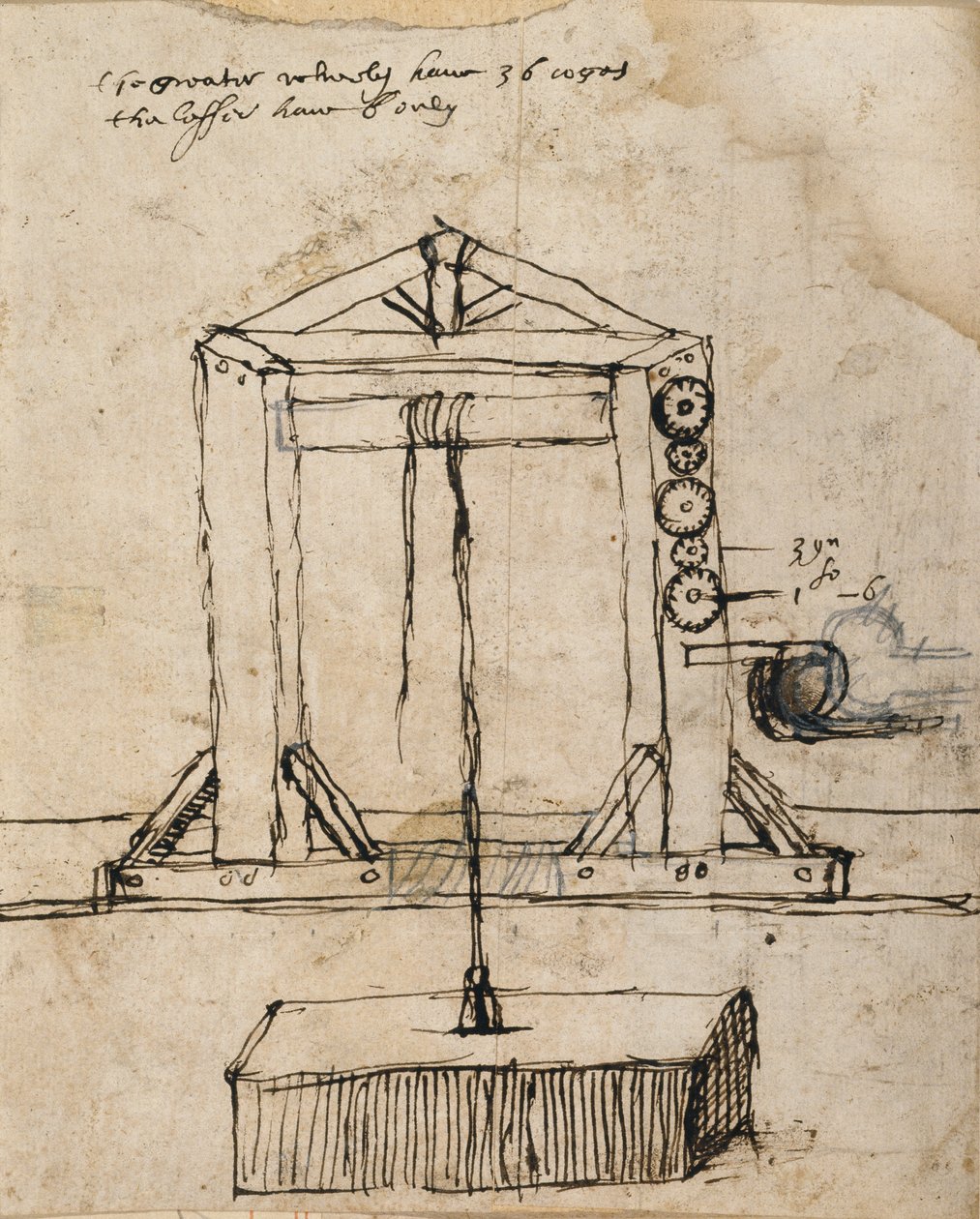 Diagrama para uma polia de elevação em alvenaria (caneta e tinta sobre papel) de Inigo Jones