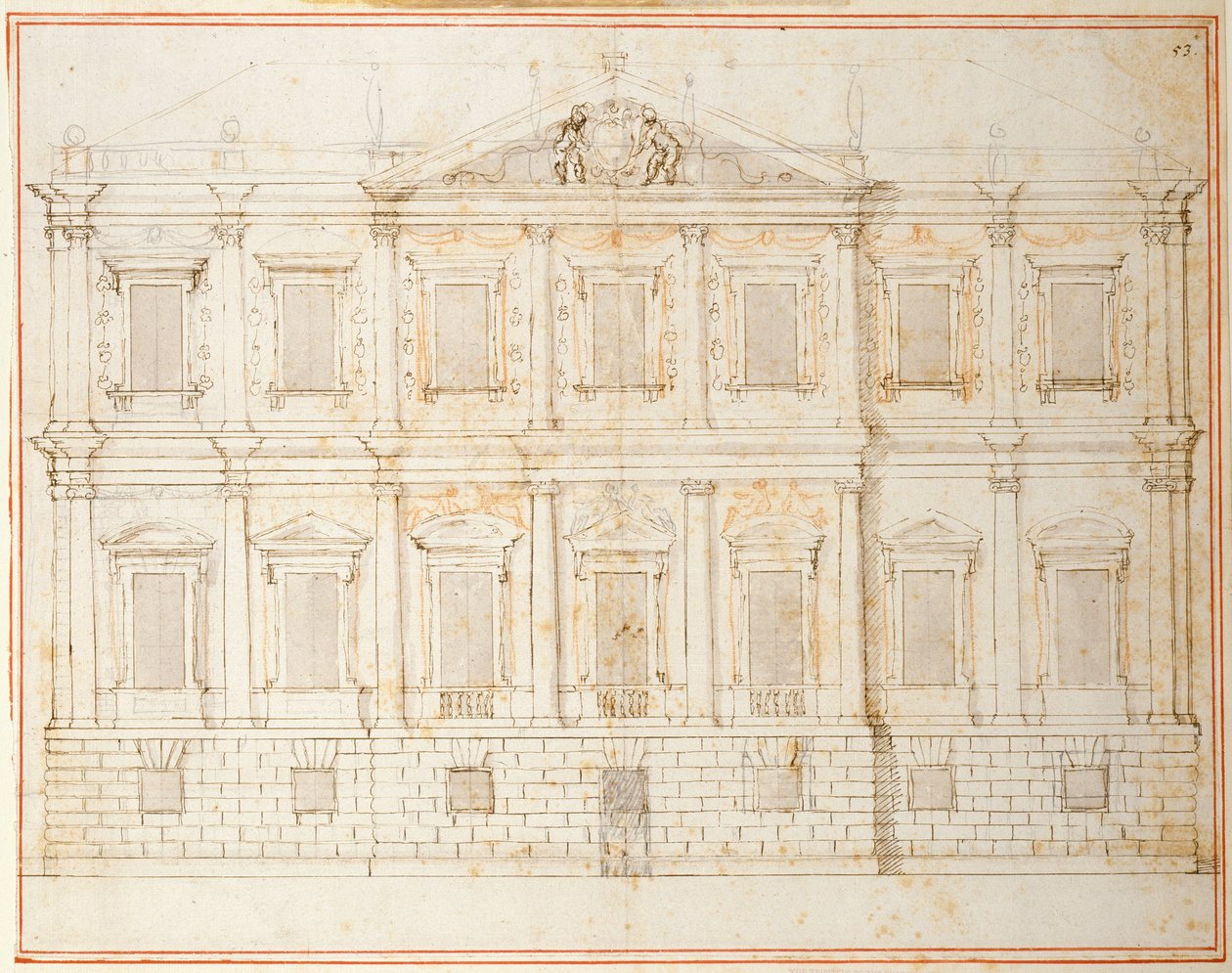 Elevação do desenho penúltimo para Banqueting House, Whitehall, c.1619 (caneta e tinta sobre papel) de Inigo Jones