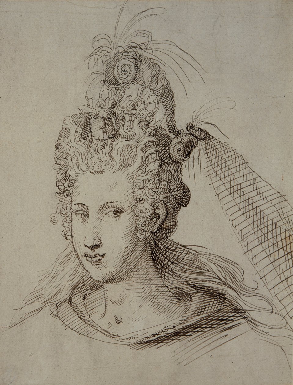 Cabeleireiro, provavelmente para Ana da Dinamarca (caneta e tinta sobre papel) de Inigo Jones