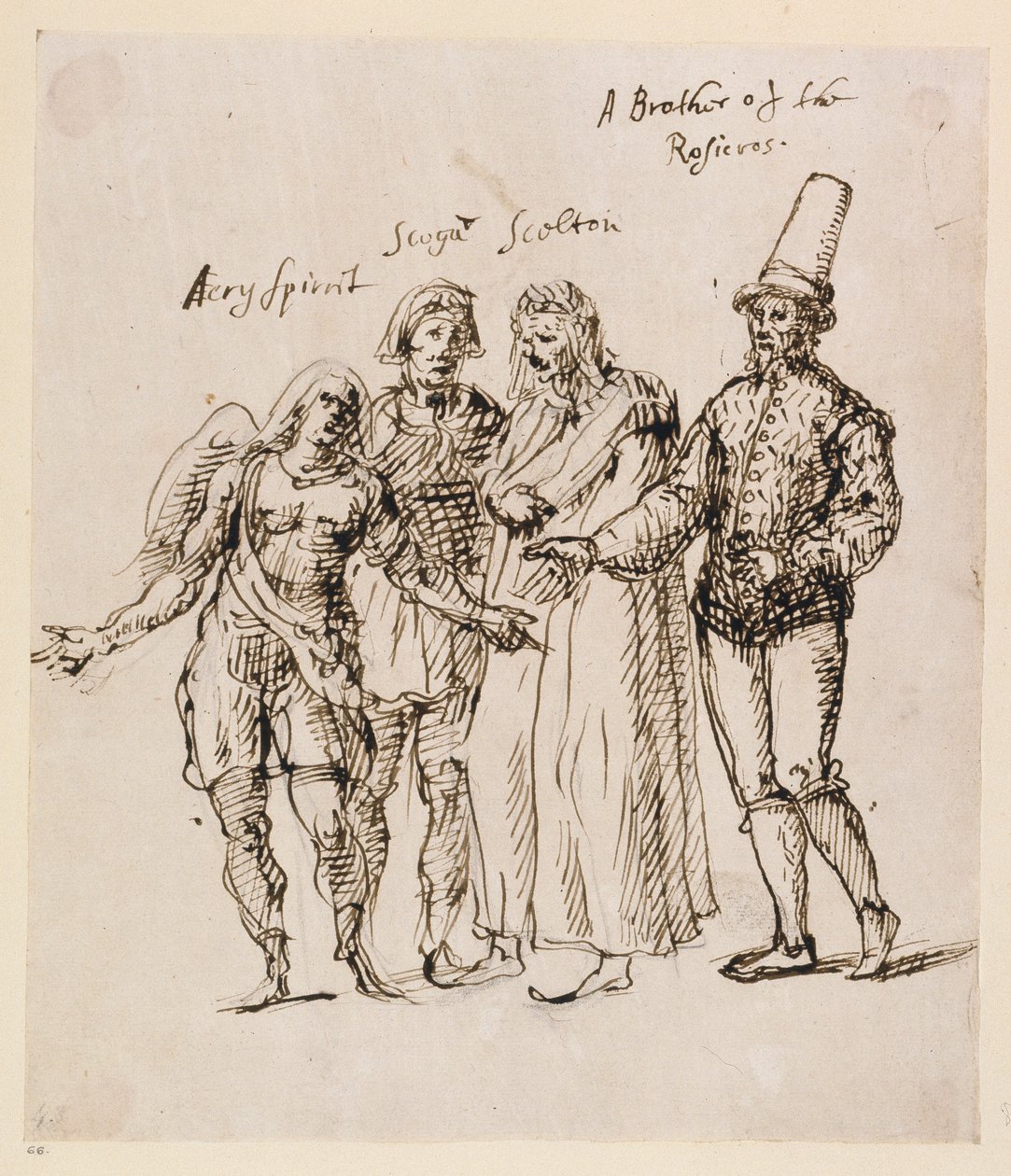 Johphiel, Merefool, Skelton e Scogan, c.1625 (caneta e tinta sobre papel) de Inigo Jones